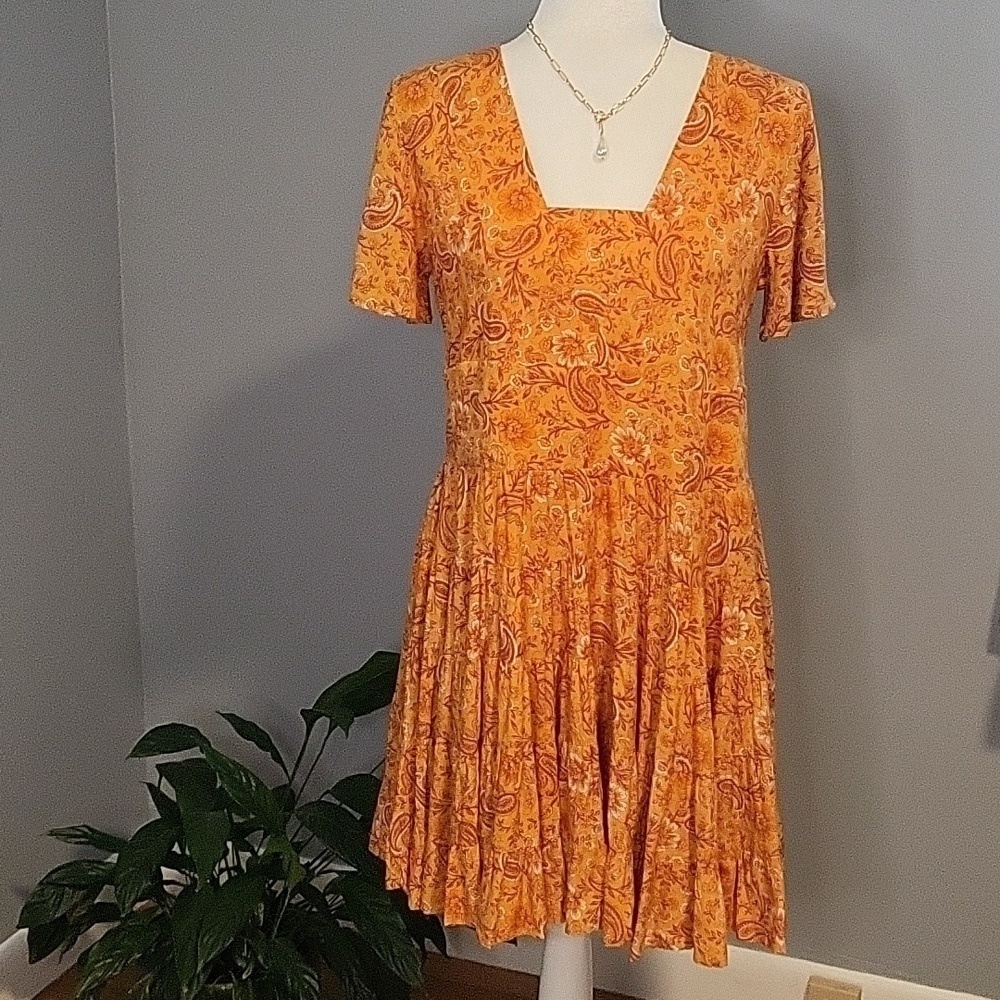 Patrons of Peace Yellow Floral Paisley Drop Waist Ruffled Tiered Mini Dress Sz S